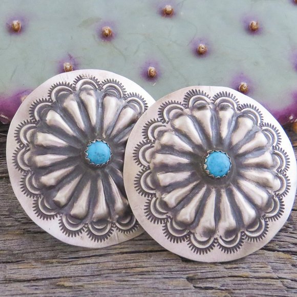 Native American Jewelry - Sterling Silver Turquoise Concho Post Earrings